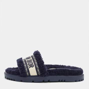 Pre Owned Dior Navy Blue Shearling Dway Flat Slides Size 36