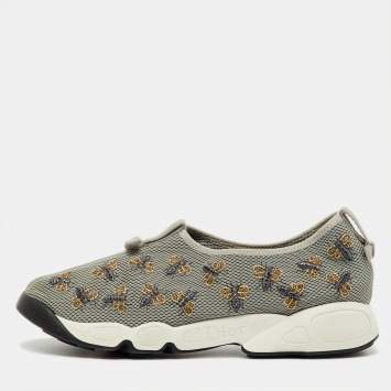 Pre Owned Dior Grey Mesh Fusion Bee Embroidered Slip On Sneakers Size 40
