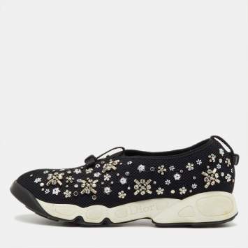 Pre Owned Dior Black Mesh Fusion Crystal Embellished Slip On Sneakers Size 39