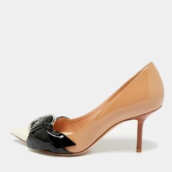 Pre Owned Dior Buckle Bow  Beige/Black Patent Leather Pointed Toe Pumps Size 37.5
