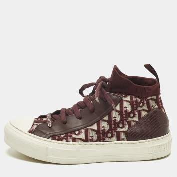 Pre Owned Dior Walk'n'Dior Size 38 Burgundy Knit Fabric and Leather Mid Top Sneakers