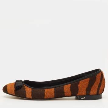 مملوكة مسبقًا Dior Size 38.5 Brown Calf Hair Striped Bow Ballet Flats