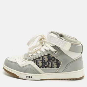 Pre Owned Dior B27 Size 38 Grey/White Oblique Jacquard and Leather High Top Sneakers