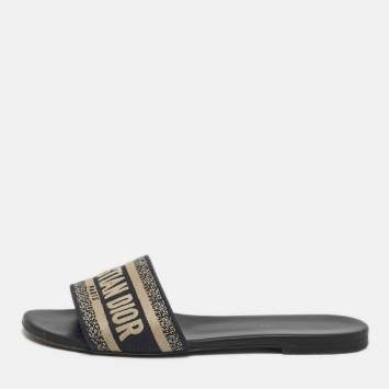 Pre Owned Dior Dway Size 39 Black/White Canvas Flat Slides 