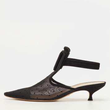 Pre Owned Dior Size 40 Black Mesh and Suede Trim Polka Dot Bow Pointed Toe Slingback Mules