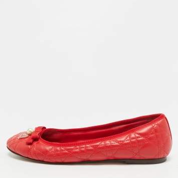 Pre Owned Dior Bow Size 39.5 Red  Cannage Quilted Leather Ballet Flats