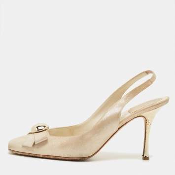 Pre Owned Dior Size 40 Cream Nubuck Leather Bow Slingback Pumps
