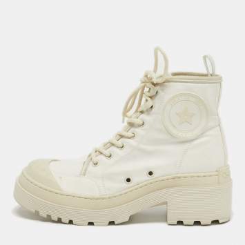 Pre Owned حذاء بوت قتالي قماش وجلد أبيض ديور مقاس 36.5