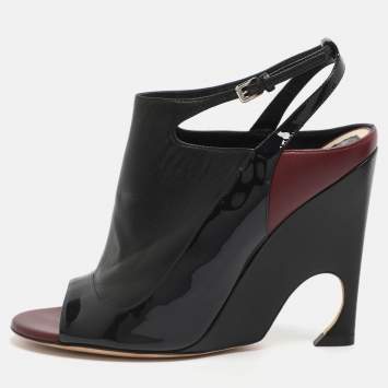 Pre Owned Dior Size 37.5 Black Patent Leather Wedge Slingback Sandals