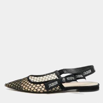 Pre Owned Dior J'Adior Size 38.5 Black Mesh and Suede Slingback Flats