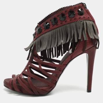 Pre Owned Dior Size 36.5 Burgundy Leather and Suede Fringe Ankle Strap Sandals