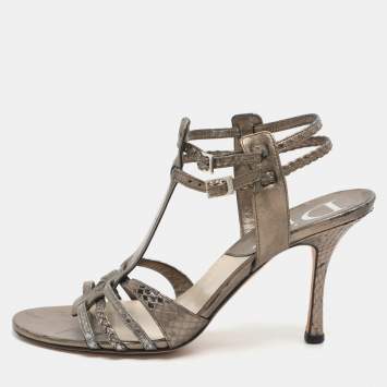 Pre Owned Dior Size 37 Metallic Metalic Leather and Python Leather Ankle Strap Sandals