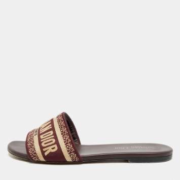 Pre Owned Dior Dway Size 36.5 Burgundy/Beige Embroidered Canvas Flat Slide Sandals