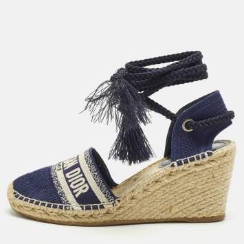 مملوكة مسبقًا Dior Granville Size 40.5 Navy Blue Knit Fabric Wedge Sandals