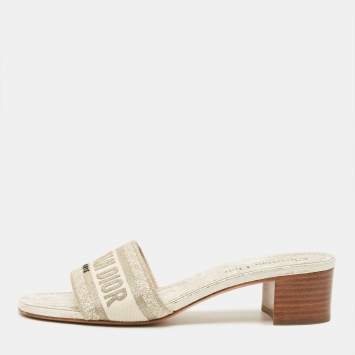 مملوكة مسبقًا Dior Dway Size 38 Cream/Grey Canvas Slide Sandals