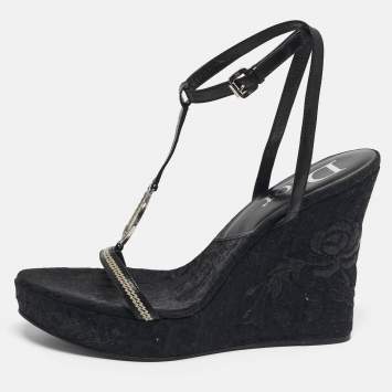 مملوكة مسبقًا Dior Size 41 Black Flower Embroidered Diorissima Canvas and Leather Wedge Ankle Strap Sandals