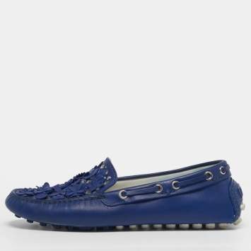 Pre Owned Dior Size 35.5 Blue Leather Cutout Flora Embellished Driver Loafers