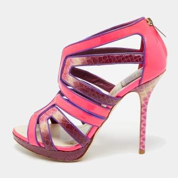 Pre Owned Dior Size 38.5 Pink Patent Leather and Python Leather Strappy Sandals