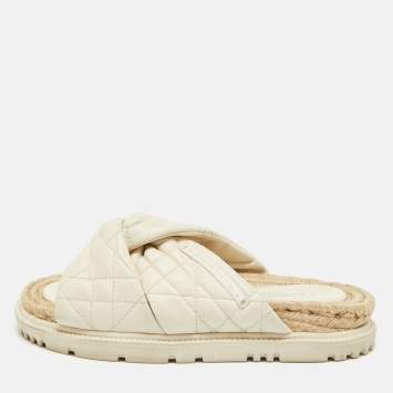 Pre Owned Dior D-twist Size 38.5 Off White Quilted Leather Espadrille Flat Slide