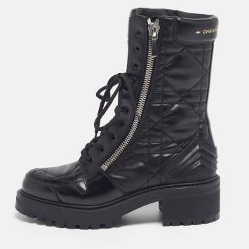 Pre Owned Dior D-Leader Size 37 Black Cannage Leather Combat Boots