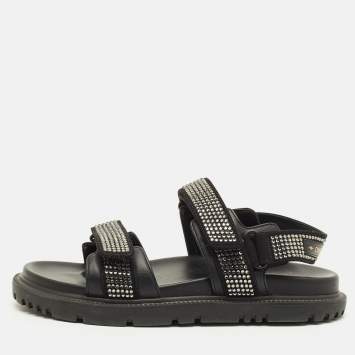 مملوكة مسبقًا Dior Dioract Size 38 Black Leather and Suede Crystal Embellished Ankle Strap Sandals
