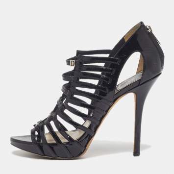 Pre Owned Dior Size 36.5 Black Patent Leather Caged Strappy Sandals