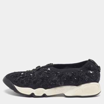 Pre Owned حذاء رياضي ديور فيوجن شبكة أسود مزخرف كريستال سليب أون مقاس 38.5