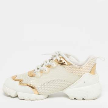 Pre Owned Dior D-Connect Size 38 White/Gold Fabric and PVC Low Top Sneakers