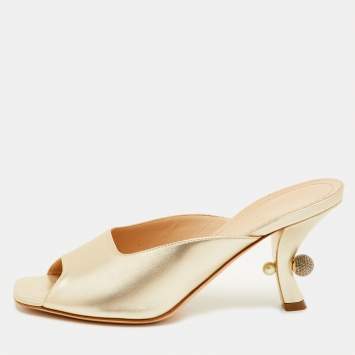 Pre Owned Dior Size 40 Metallic Gold Leather Open Toe Slide Sandals