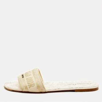 Pre Owned Dior Dway Size 42 White/Gold Embroidered Canvas Flat Slide Sandals