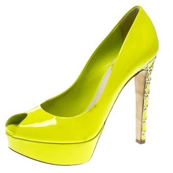 Pre Owned Dior Lime Green Patent Leather Peep Toe Cannage Heel Platform Pumps Size 37.5