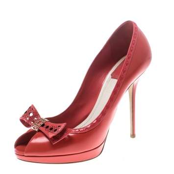 Pre Owned Dior Coral Leather Bow Peep Toe Platform Pumps Size 41