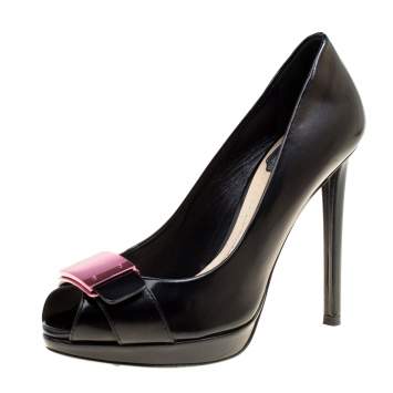 Pre Owned Dior Black Leather Peep Toe Platform Pumps Size 36