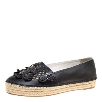 Pre Owned Dior Black Laser Cut Floral Embellished Leather Flore Espadrilles Size 39