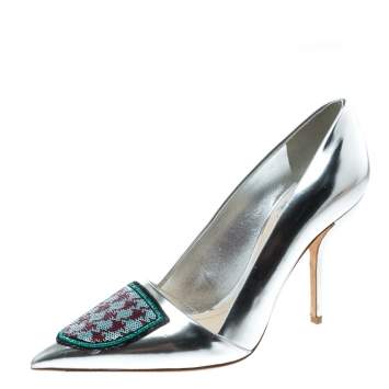 Pre Owned Dior Silver Leather and Sequin Pointed Toe Pumps Size 37