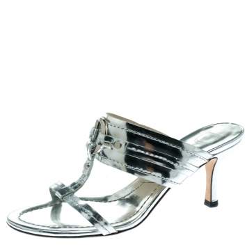 Pre Owned Dior Metallic Silver Leather T Strap Slide Sandals Size 36