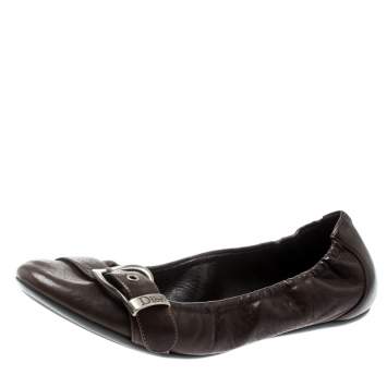 Pre Owned Dior Brown Leather Buckle Detail Scrunch Ballet Flats Size 35.5