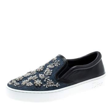 Pre Owned Dior Indigo Crystal Embellished Dark Wash Denim And Leather Happy Slip On Sneakers Size 37.5