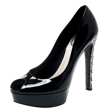 Pre Owned Dior Navy Blue Patent Leather Peep Toe Cannage Heel Platform Pumps Size 38.5