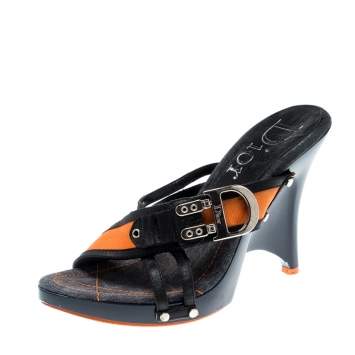 Pre Owned Dior Dark Blue Leather And Fabric Trim Buckle Detail Cross Strap Sandals Size 37