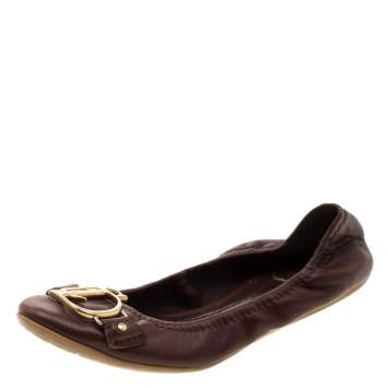 Pre Owned Dior Brown Leather Logo Scrunch Ballet Flats Size 35 