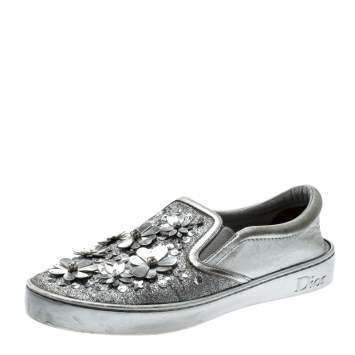 Pre Owned Dior Metallic Silver Glitter Leather Dior Happy Floral Embellished Slip On Sneakers Size 39