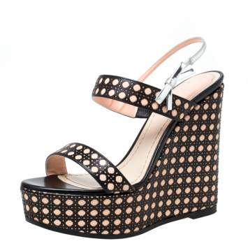 Pre Owned Dior Tricolor Cannage Leather Wedge Heel Open Toe Sandals Size 35.5