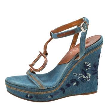 Pre Owned Dior Blue Denim Embroidered Ankle Wrap Wedge Platform Sandals Size 36.5