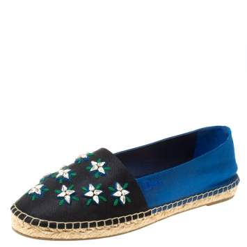 Pre Owned Dior Blue/Black Crystal Embellished Fabric Riviera Espadrille Loafers Size 37.5
