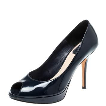 Pre Owned Christian Dior Navy Blue Patent Leather Miss Dior Peep Toe Pumps Size 39