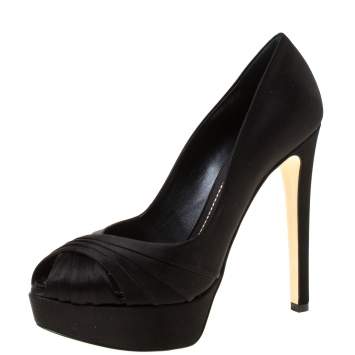 Pre Owned Dior Black Pleated Satin Criss Cross Platform Pumps Size 39.5