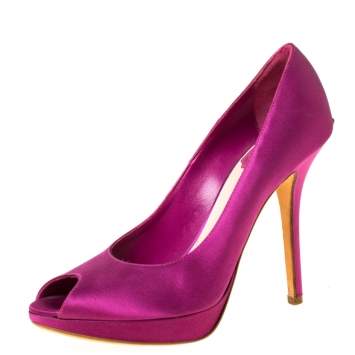 Pre Owned Dior Fuchsia Satin Peep Toe Platform Pump Size 38