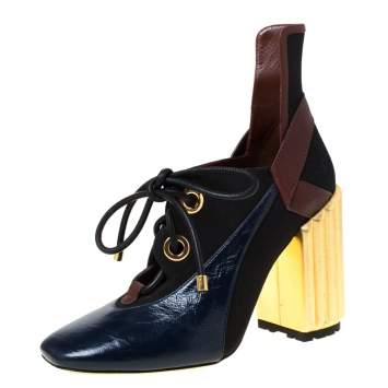 Pre Owned Dior Tricolor Patent Leather And Canvas Lace Up Block Heel Pumps Size 41 