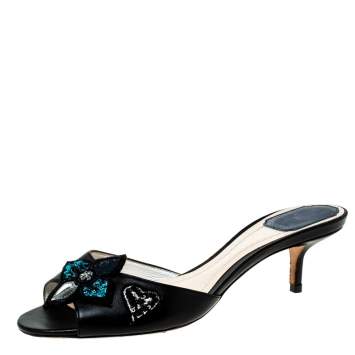 Pre Owned Dior Black Leather Sequin Flower Embellished Slides Size 37.5